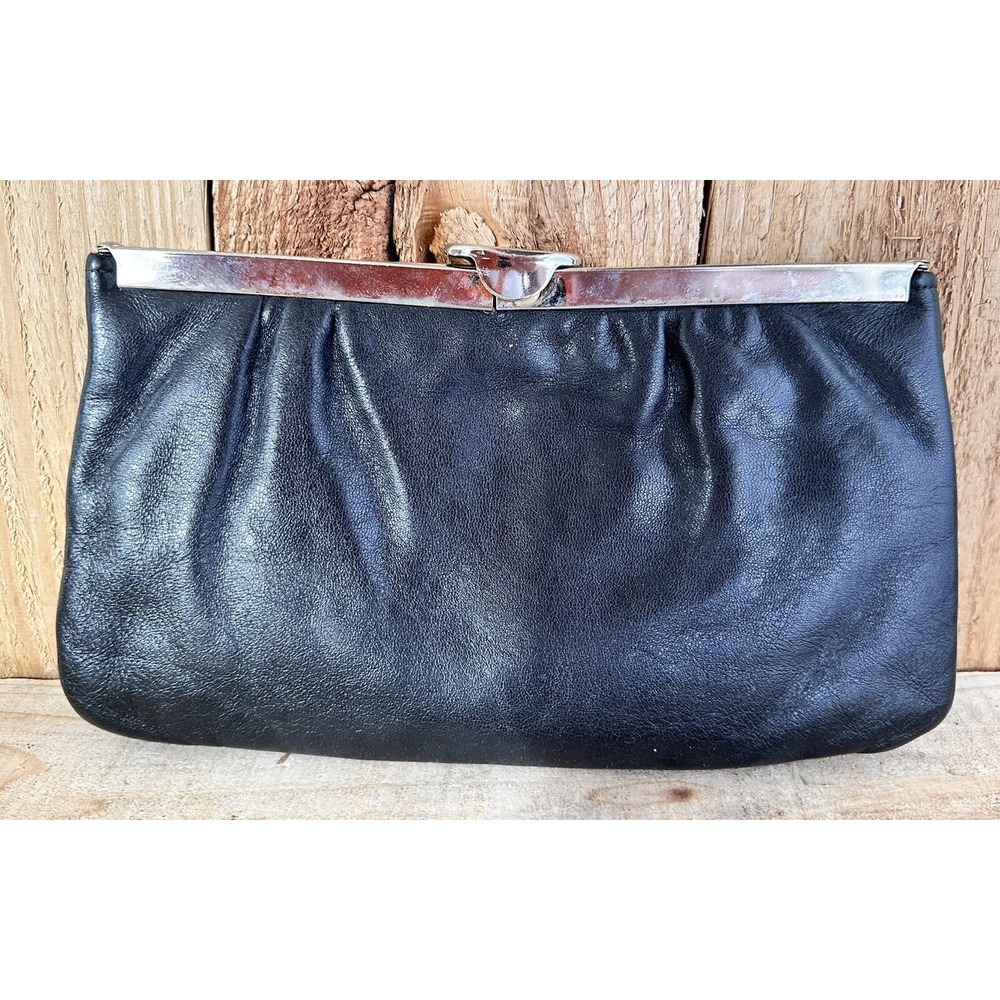 VTG Frame Purse Clutch Evening Bag Chain Handle Black Leather